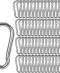 Sixty Pack Heavy Duty Galvanized Steel Carabiner Clips M8 Three And One Eighth Inch Spring Snap Hooks displayed in a grid pattern