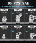 60 Piece Grease Fittings Kit With One Quarter Inch And One Eighth Inch BSP Threads Featuring Ninety Degree Forty Five Degree And Straight Angles