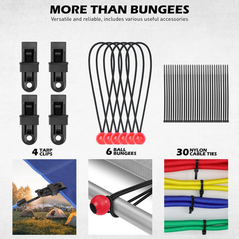 60 Piece Bungee Cords with Hooks Assorted Sizes 10 Inch 18 Inch 24 Inch 32 Inch 40 Inch Heavy Duty Outdoor Tie Downs with tarp clips, ball bungees, and cable ties.