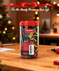 60 Piece Bungee Cords with Hooks Assorted Sizes jar on a table, holiday gift decor background