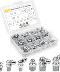60 Piece Grease Fittings Kit With One Quarter Inch And One Eighth Inch BSP Threads Featuring Ninety Degree Forty Five Degree And Straight Angles