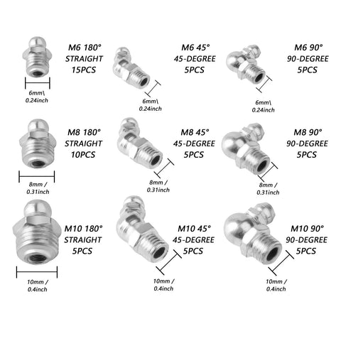 60 Piece Metric Grease Fittings Kit for Grease Guns and Mechanical Lubrication Pro Grade Heavy Duty Zerk Fittings Includes M6 M8 M10 Straight and 45 and 90 Degree Variants Hydraulic Zerk Assortment