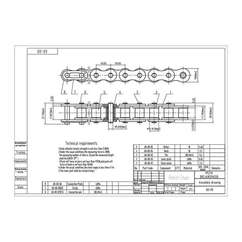 Technical drawing of ✝️ #60 Roller Chain - 10 Feet + 2 Free Connecting Links with dimensions and specifications for automation use.