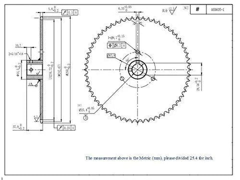 Technical drawing of Durable 60 Tooth Roller Chain Sprocket B Type For 1 Inch Bore With One Quarter Inch Keyway And Two Setscrews.