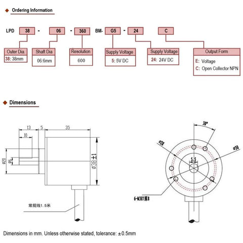 Dimensions and schematic of 600 PPR Rotary Encoder AB Two Phase Incremental Encoder 6mm Shaft Wide Voltage 5V To 24V for CNC and Robotics.