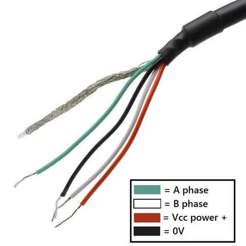 Close-up of wiring for 600 PPR Rotary Encoder AB Two Phase Incremental Encoder 6mm Shaft Wide Voltage 5V To 24V Robotics CNC Projects