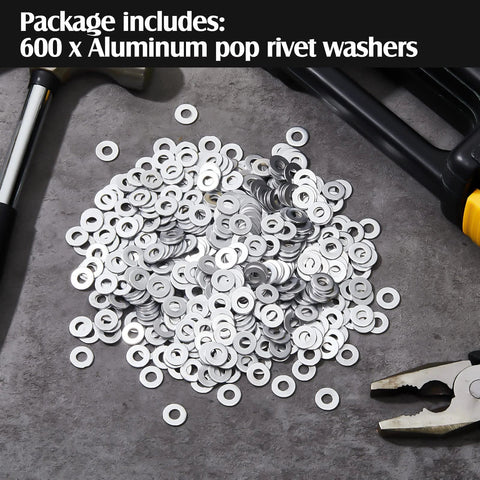 600 Pieces Aluminum Backup Pop Rivet Washers 3/16 X 1/2 Inch For Boats And Cars, scattered on concrete surface with tools nearby.