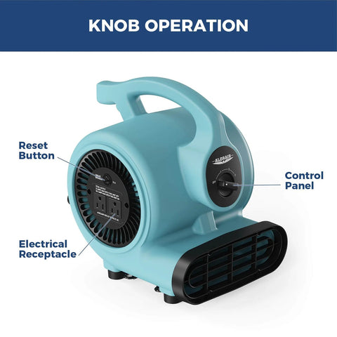 Powerful 600 CFM Air Mover Blower Fan For Industrial, Workshop And Home Use With 3 Speeds, 5 Adjustable Angles, Daisy Chain Connectivity, And Floor Drying Capabilities For Water Damage Restoration And Plumbing By ALORAIR showing control panel and reset button