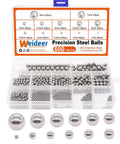 Assortment kit of Weideer precision steel balls with various sizes, labeled compartments displaying 600 stainless steel pieces.