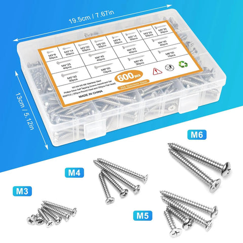 600 Pcs M3 M4 M5 M6 Stainless Steel Wood Screws Assortment Kit with 16 Sizes in storage box with different screw sizes displayed.