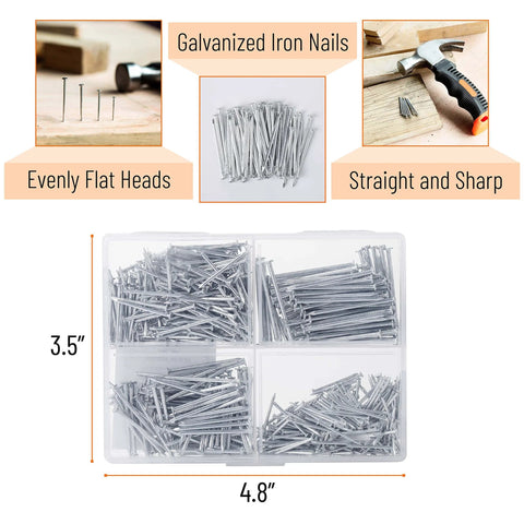 600 Piece Nail Assortment Kit Silver Nails In 4 Sizes For Hanging Pictures And Finishing Nails, organized in a plastic case