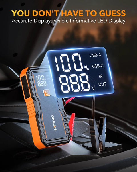 6000A Jump Starter For Gasoline And 12L Diesel Engines Portable Car Battery Jumper Starter 12V Lithium Jump Box With Jumper Cables LED Display LED Light Power Bank With USB And Type C Port showing LED display.