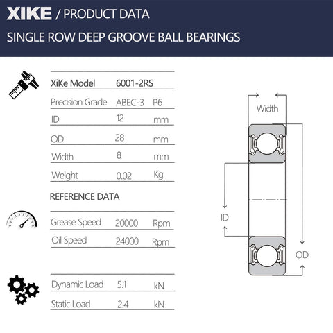 Technical diagram of Two Pack 6001-2RS Deep Groove Ball Bearings 12x28x8mm with specifications and dimensions for tight spaces.