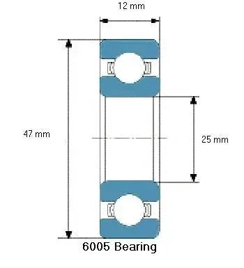 Technical diagram of 6005 Bearing 6005 - Radial Deep Groove Ball Bearing with dimensions 25mm ID, 47mm OD, 12mm width.