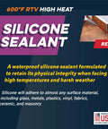 600 Degree Fahrenheit USA Made High Temperature Silicone Sealant Clear For Gasket Maker And Adhesives UV Stable Oil Resistant Non Corrosive Flexible Sealant For Glass Metal Plastic Wood Brick Tile Fireplaces Solar Panels, product packaging view.