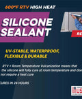 600 Degree Fahrenheit USA Made High Temperature Silicone Sealant Clear For Gasket Maker And Adhesives UV Stable Oil Resistant Non Corrosive Flexible Sealant For Glass Metal Plastic Wood Brick Tile Fireplaces Solar Panels packaging with red label