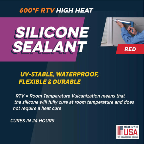 600 Degree Fahrenheit USA Made High Temperature Silicone Sealant Clear For Gasket Maker And Adhesives UV Stable Oil Resistant Non Corrosive Flexible Sealant For Glass Metal Plastic Wood Brick Tile Fireplaces Solar Panels packaging with red label