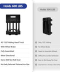 Comparison chart of 600 LBS Folding Hand Truck with 6 Wheels(2 with Brake) vs. 500 LBS model, highlighting features and materials.