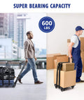 Two men using 600 LBS Folding Hand Truck with 6 Wheels, one carrying luggage and another moving boxes, showcasing super bearing capacity.