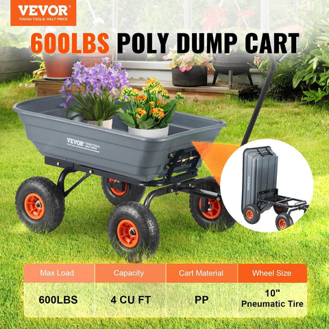 4 Cu Ft Poly Garden Cart Dump Wagon with 600 lb Capacity on grass with flowers, featuring steel frame and quick release system.