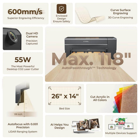 55W CO2 Laser Cutter And Engraver Desktop Machine specs and features including dual 16MP cameras, 660x355mm bed, gray exterior