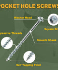Pocket Hole Screws 1-1/4 Inch, 600 PCS Interior Pocket Screw #8 x 1-1/4", Coarse Thread, Square Drive, Washer Head, Zinc Plated