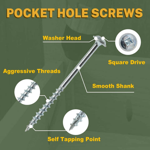 Pocket Hole Screws 1-1/4 Inch, 600 PCS Interior Pocket Screw #8 x 1-1/4", Coarse Thread, Square Drive, Washer Head, Zinc Plated