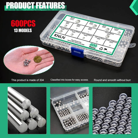 600PCS 12 Size Bicycle Bearing Balls Stainless Steel Precision Steel Balls Stainless Steel Assorted Loose Kit shown in labeled box.