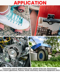 Various applications for pack of 12 608-2RS sealed ball bearings 8x22x7mm in steel, including skateboards, skates, motors, and lawnmowers.