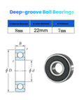 Pack of 20 608-2RS sealed 8x22x7mm deep groove ball bearings dimensions diagram and single bearing view