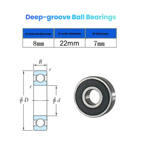 Pack of 20 608-2RS sealed 8x22x7mm deep groove ball bearings dimensions diagram and single bearing view