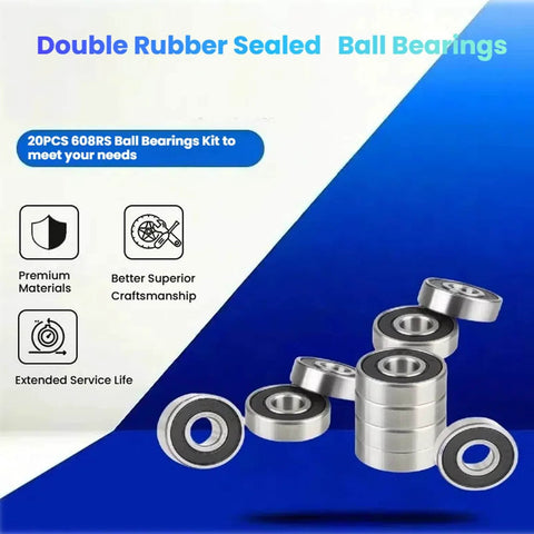 Pack of 20 608-2RS sealed 8x22x7mm deep groove ball bearings in bearing steel with double rubber seals for skateboard longboard