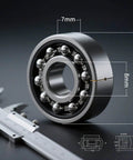 Close-up of 608 Ball Bearing Set for Skateboard 20 Pcs 8x22x7mm 2RS Double Rubber Sealed Precision Bearings with caliper measurement.