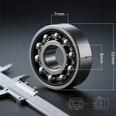 Close-up of 608 Ball Bearing Set for Skateboard 20 Pcs 8x22x7mm 2RS Double Rubber Sealed Precision Bearings with caliper measurement.