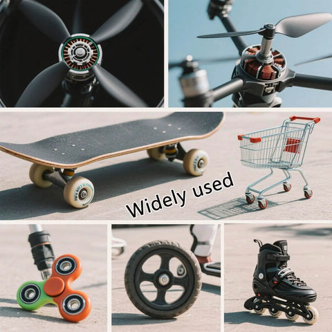 608 Ball Bearing Set for Skateboard 20 Pcs 8x22x7mm 2RS Double Rubber Sealed, shown in various applications including skateboard and drone.