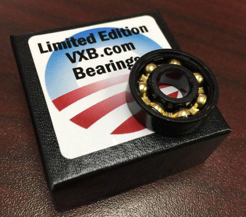 608 Black Ball Bearing - Bronze Cage - Gold Look Fidget Limited Edition 8x22x7mm, showing bearing on VXB.com box.