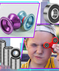 Collage of 30-Pack 608RS Sealed Ball Bearings, spinners, and colorful yoyo with ball bearing for skateboards, scooters, and rollerblades.
