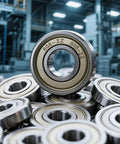 Close-up of 100 Pack 608 ZZ Deep Groove Ball Bearings with Double Metal Shields 8mm x 22mm x 7mm in an industrial setting.