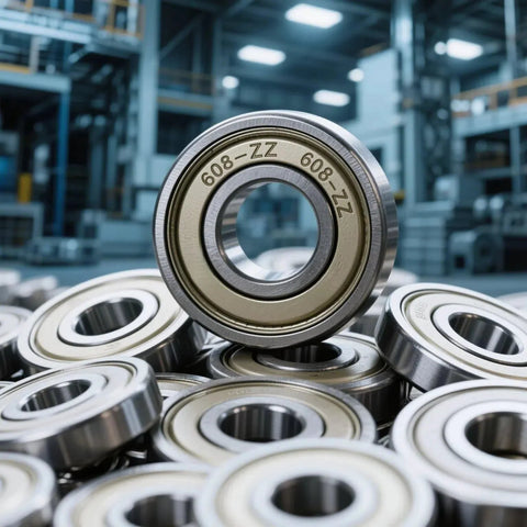 Close-up of 100 Pack 608 ZZ Deep Groove Ball Bearings with Double Metal Shields 8mm x 22mm x 7mm in an industrial setting.