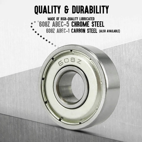Close-up of 608ZZ Pre Lubricated Roller Skate Wheel Bearing, ABEC-5 Chrome Steel, ideal for inline skates, scooters, and skateboards.