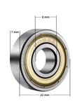 Close-up of a 608 ZZ deep groove ball bearing with double metal shields, 8mm x 22mm x 7mm dimensions, labeled measurements
