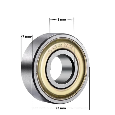 Close-up of a 608 ZZ deep groove ball bearing with double metal shields, 8mm x 22mm x 7mm dimensions, labeled measurements