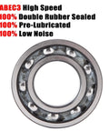 Close-up view of a 100 Pack 608 ZZ Deep Groove Ball Bearing with Double Metal Shields, featuring ABEC3 high-speed and double rubber seals.