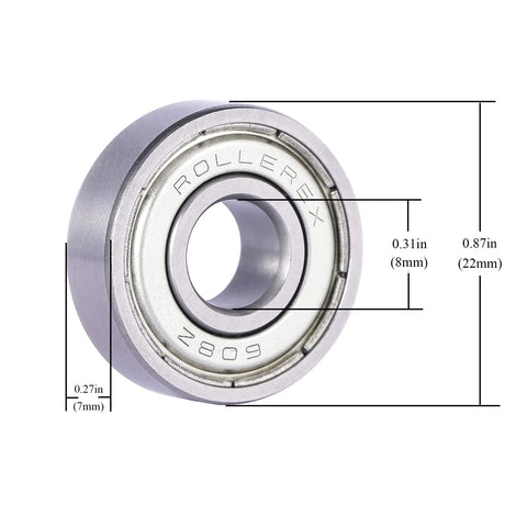 Close-up view of 608ZZ pre lubricated roller skate wheel bearing with size dimensions and focus keyword 608ZZ Pre Lubricated Roller Skate Wheel Bearings For Inline Skates Roller Blades Scooters RipStiks And Skateboards Chrome Steel ABEC 5 And ABEC 1 Bearings 20 Pack Ideal For Long Lasting Smooth Rotation On Skates Scooters And Boards.