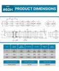 Technical drawing of #60 Heavy Duty Roller Chain - 10 Feet + 2 Free Connecting Links - #60H - 159 Links
