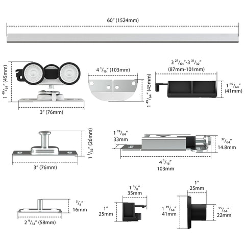 60 Inch Bifold Door Hardware Kit for Four Doors Aluminum Top Mounted Sliding Barn Door Hardware components and measurements