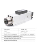 Close-up of 6.0KW ATC Air Cooled Spindle ISO30 With Automatic Tool Change for CNC Milling, showing specifications and dual voltage feature.