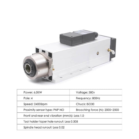 Close-up of 6.0KW ATC Air Cooled Spindle ISO30 With Automatic Tool Change for CNC Milling, showing specifications and dual voltage feature.