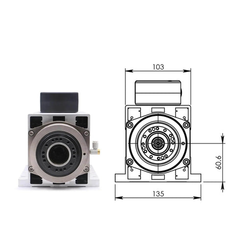 Front view of 6.0KW ATC Air Cooled Spindle ISO30 With Automatic Tool Change for CNC Milling, diagram and dimensions displayed.
