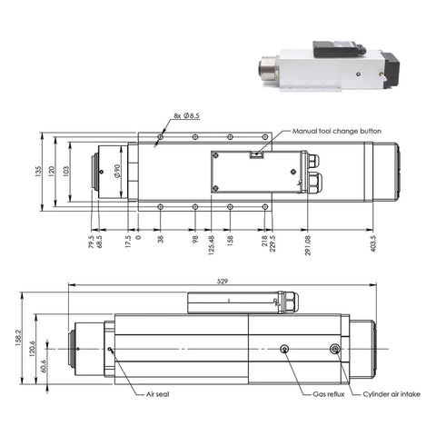 Technical diagram and side view of 6.0KW ATC Air Cooled Spindle ISO30 with automatic tool change and dual 220V/380V power for CNC milling.